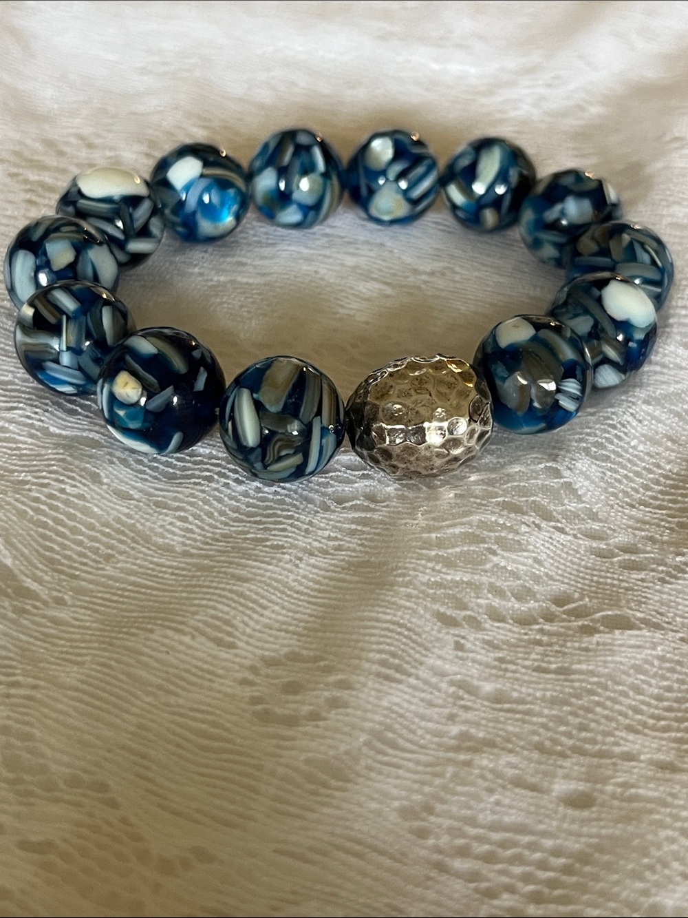 Handcrafted Blue Glass Bead Bracelet with Silver Accent
